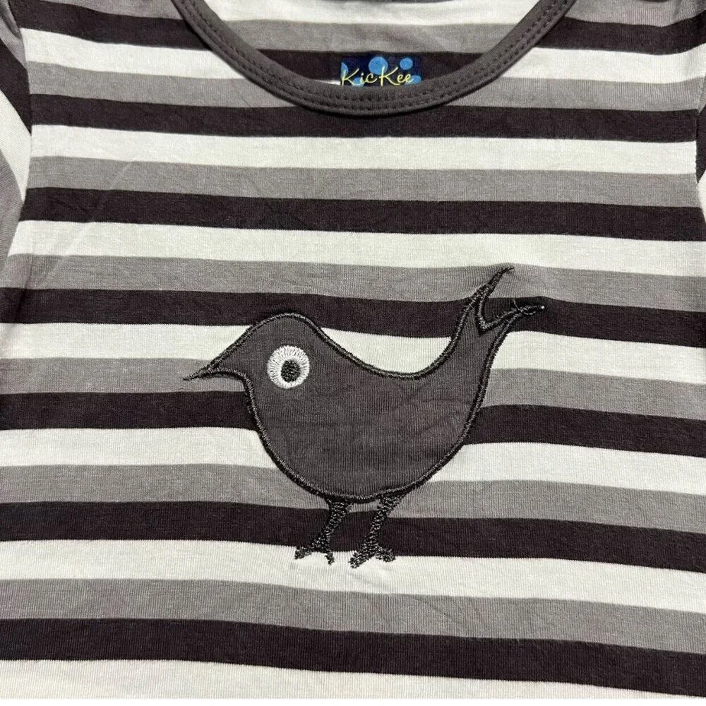 Kickee Pants 12-18m Grey Bamboo Striped Bird Appliqué Top